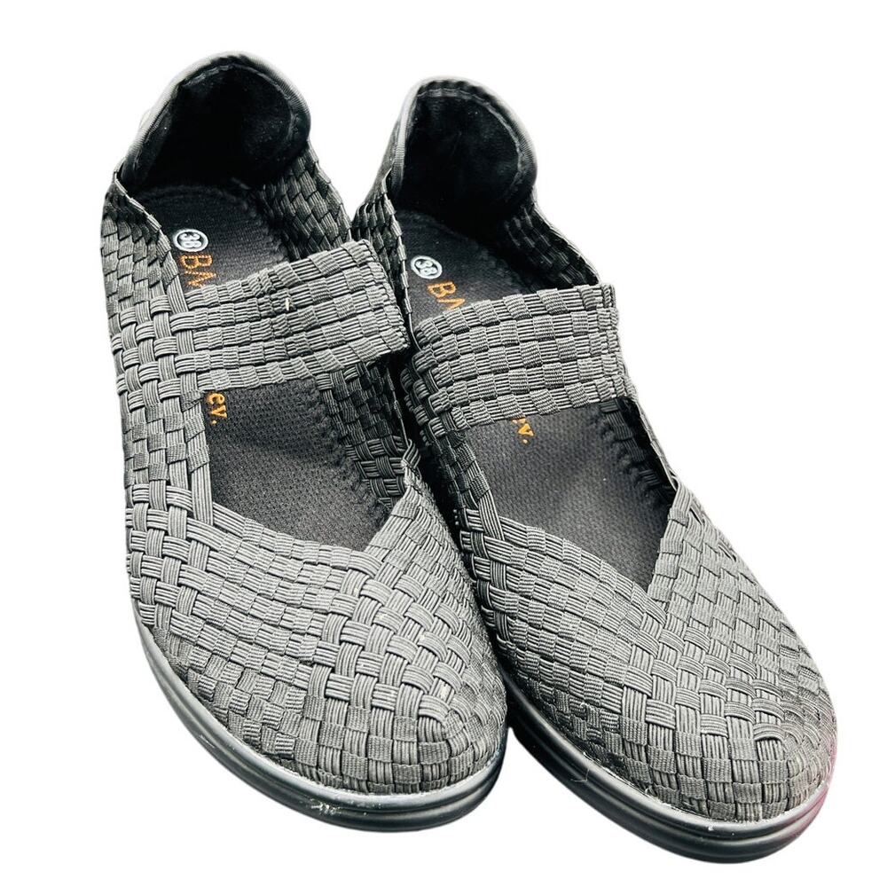 ✨ Bernie Mev Black Woven Heels SZ 38/7 Comfort Stretch Shoes Y2K Workwear Chic
